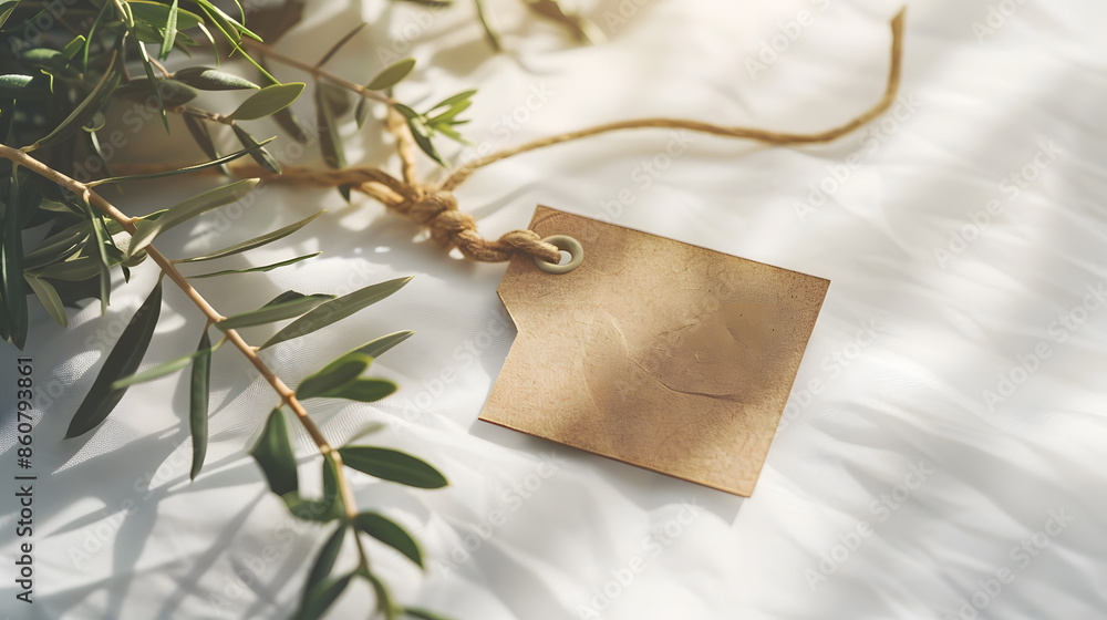 Aufkleber blank paper gift tag label mockup with rope and olive tree branch on white table background in sunli