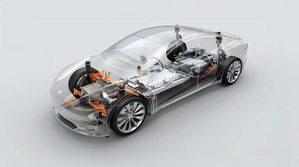 A car is shown in a 3D model, with its engine and other parts visible. The orange color of the car gives it a futuristic and sleek appearance AI generated