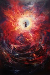Abstract oil painting featuring figure in cosmic explosion of colors. Concept of universe, spirituality, and enlightenment. Metaphorical associative card. Psychological abstract picture. Vertical
