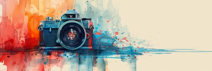 Vintage photo camera on watercolor background with copy space, illustration. World Photography Day