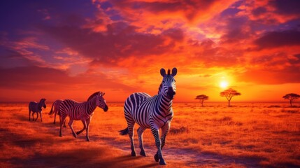 A striking image of four zebras walking together on the African plain as the sun sets, casting a vibrant orange and purple glow across the savannah landscape.