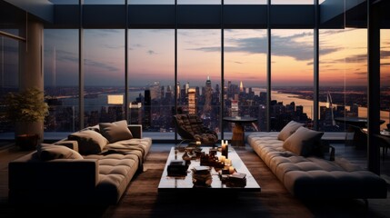 Obraz premium Luxury apartment living room with floor-to-ceiling windows offering a stunning evening cityscape view, featuring modern decor, plush seating, and an opulent ambiance.