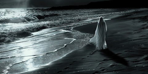 A ghostly woman wandering along a lonely, moonlit beach, the waves crashing softly and her footprints disappearing in the sand