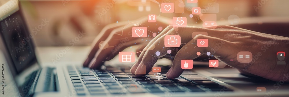Poster a close-up image of hands typing on a laptop keyboard with social media icons hovering above. the im