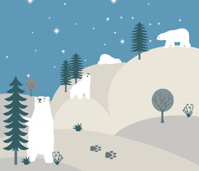winter landscape illustration with trees, polar bears, snow and a starry night sky