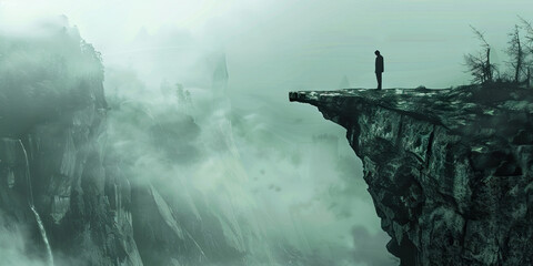 Obraz premium A lone figure standing at the edge of a cliff, gazing out over a mist-covered valley, their thoughts a mystery