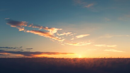 Beautiful sunset over a serene field, with dramatic clouds creating a stunning effect in the sky, perfect for nature and landscape