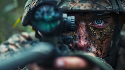 Obraz premium A soldier crouched in a sniper position