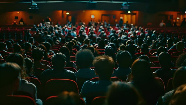 A close-up shot of a packed movie theater audience watching a film