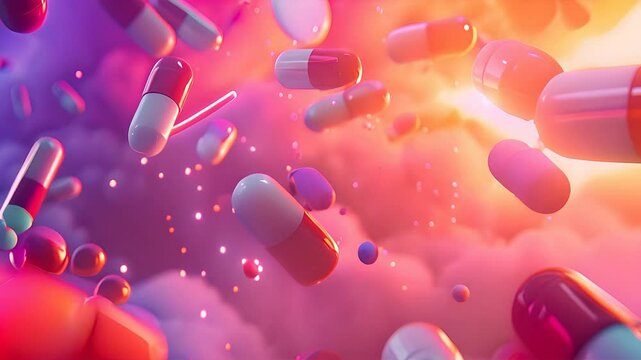 A mesmerizing animation of colorful pills falling through the air with a vibrant background