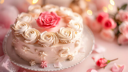 Valentines Day cake decorated with cream roses on the table : Generative AI