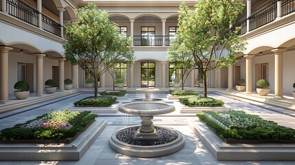 elegant fountain courtyard with symmetrical planting beds and a central water feature, designed in the style of a Roman atrium
