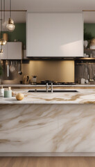 A modern kitchen contains a wooden floor and a marble counter light brown and gold light green crisp