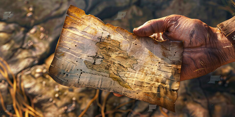 Close-up of a hand holding a torn piece of parchment with an incomplete map, hinting at a hidden treasure