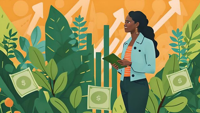 A woman looks at a chart with arrows pointing upwards, symbolizing growth. There are dollar bills scattered among the green leaves, representing financial gain