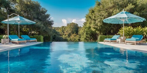 Obraz premium serene AI-generated swimming pool scene with crystal clear water, surrounded by lush greenery and stylish lounge chairs under vibrant blue skies, exuding a relaxing and inviting atmosphere