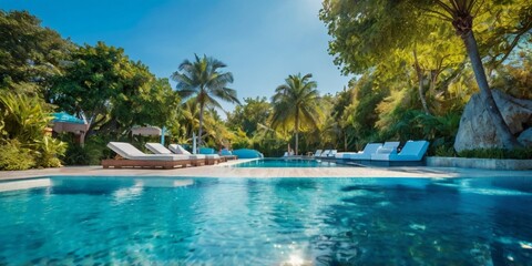Fototapeta premium serene AI-generated swimming pool scene with crystal clear water, surrounded by lush greenery and stylish lounge chairs under vibrant blue skies, exuding a relaxing and inviting atmosphere