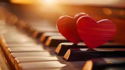 Red wooden hearts on a piano keyboard selective focus : Generative AI