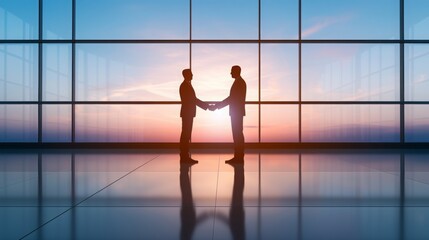 Two businessmen shaking hands in front of a large window with a sunset view.