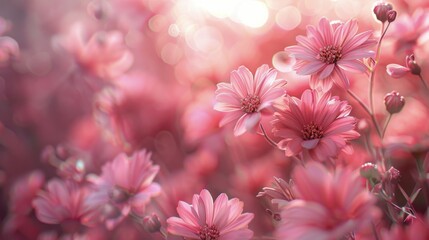 Fototapeta premium Pink Flowers Blooming in Soft Light During Golden Hour