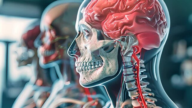 A close-up view of a human anatomy model showcasing the skull, brain, and spinal cord