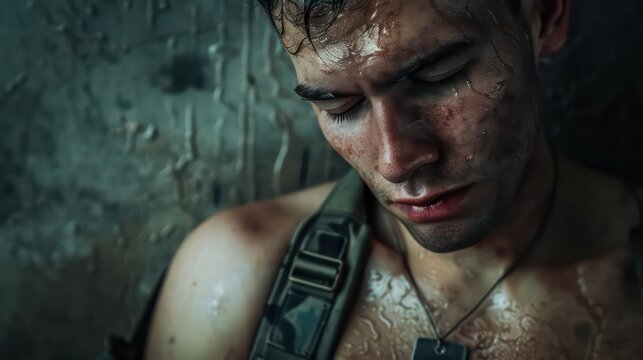 A soldier's dog tags resting on his chest