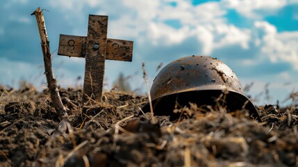 A soldier's helmet resting on a cross made from two sticks