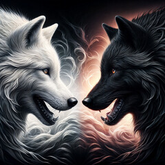 white versus black wolves - duel of good and evil concept art - a white wolf versus a black wolf - fantasy illustration - both wolves looking at each other in a face-off duel created with generative a © cd