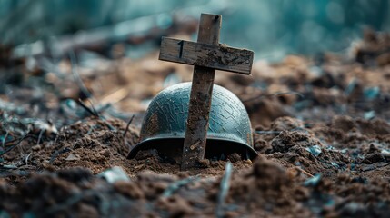 A soldier's helmet resting on a cross made from two sticks