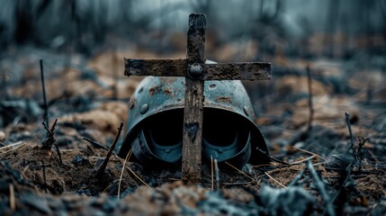 A soldier's helmet resting on a cross made from two sticks