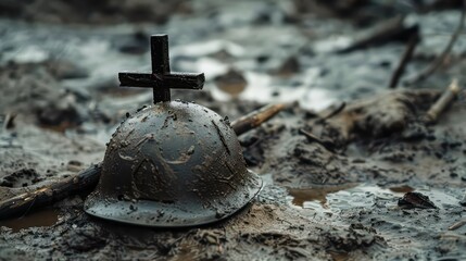 A soldier's helmet resting on a cross made from two sticks
