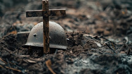 A soldier's helmet resting on a cross made from two sticks