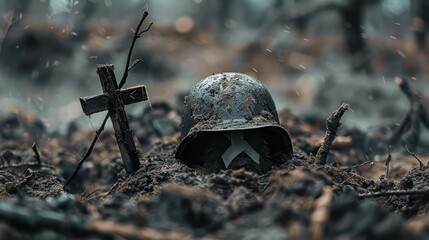 A soldier's helmet resting on a cross made from two sticks