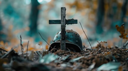 A soldier's helmet resting on a cross made from two sticks