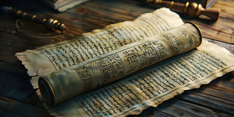 Ancient scroll partially unrolled revealing sacred texts.