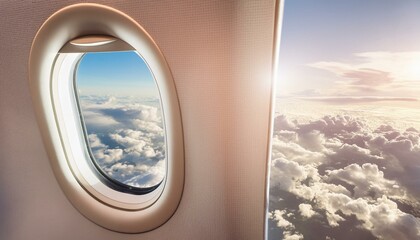 Airplane window with sunny summer sky and clouds. Creative concept of air travel, background for banner.