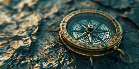 Close-up of an antique compass pointing in an unexpected direction, leading to an unknown destination