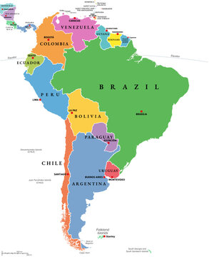 South America, multi colored political map with international borders and capitals. Continent, bordered by the Pacific and Atlantic Ocean, North America and the Caribbean Sea. Isolated illustration.