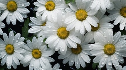 Fototapeta premium Daisy flowers background. Close-up of white daisies with yellow centers covered in water droplets. Filled on full screen.