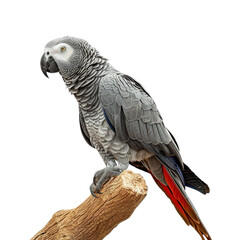 Obraz premium Close-up image of an African Grey Parrot perched on a wooden branch, showcasing its detailed feathers and vibrant red tail.