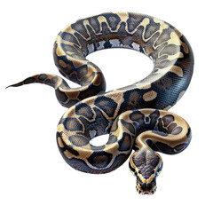 Fototapeta premium Close-up of a coiled python snake with distinctive patterns, isolated on a white background.