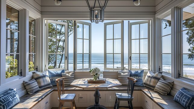 coastal breakfast nook with accordion windows that open fully to allow the sea breeze to enhance the morning dining experience