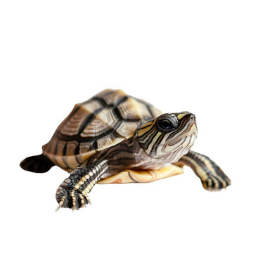 Close-up image of a young turtle isolated on a white background, showcasing its intricate shell pattern and curious eyes.