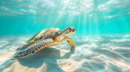 Obraz premium A serene underwater photograph of a sea turtle swimming gracefully over a sandy ocean floor, bathed in soft sunlight rays filtering through the water.