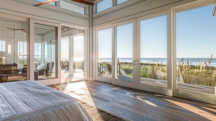 coastal home with a master bedroom that opens onto a sun-drenched deck with sliding floor-to-ceiling glass doors