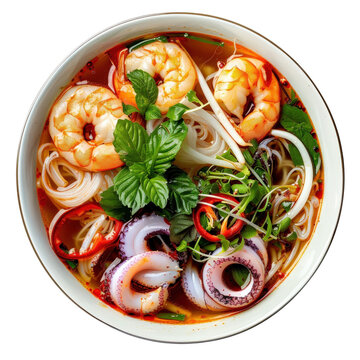 Delicious seafood pho with shrimp, squid, and fresh herbs in a vibrant bowl, perfect for culinary and food photography enthusiasts.