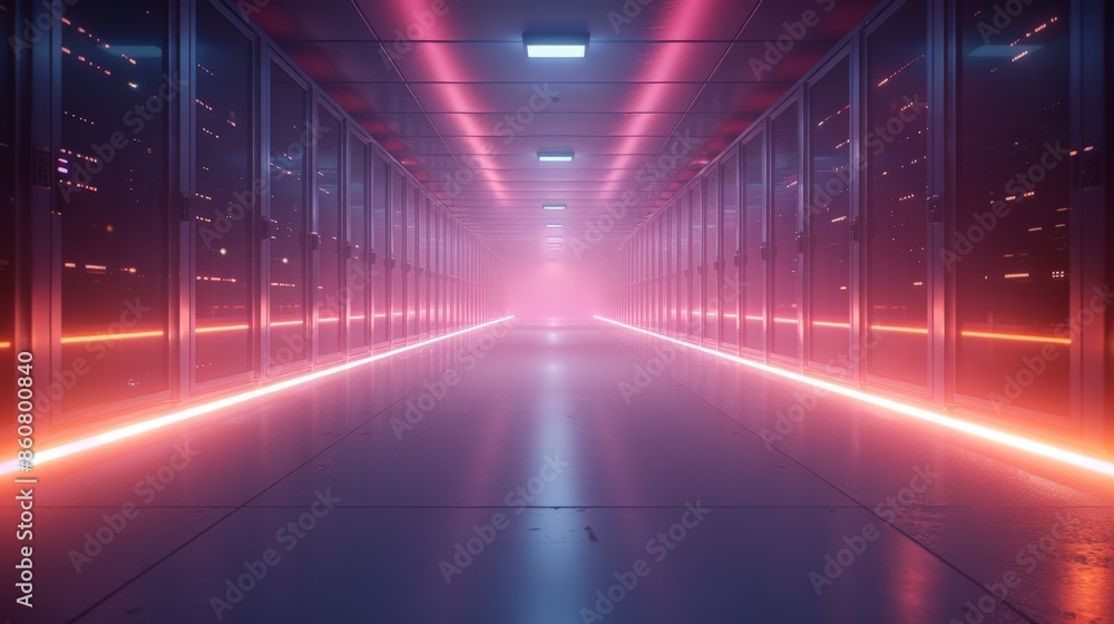 Poster futuristic server room with glowing neon lights and endless rows of servers, creating a high-tech, c