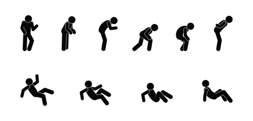 human silhouettes, stickman on a white isolated background, a man bent over and fell