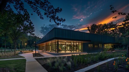 Fototapeta premium dark jade community center that blends into its park setting, offering classes and events that connect residents with nature and each other