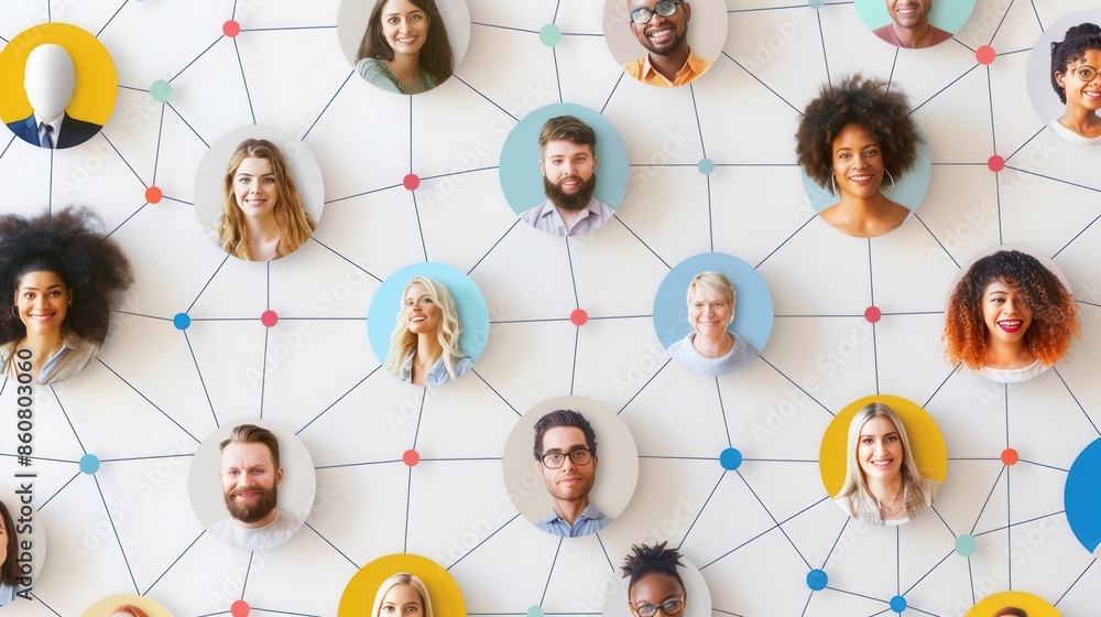 Poster an illustration showcasing a diverse group of individuals connected in a vibrant social media networ